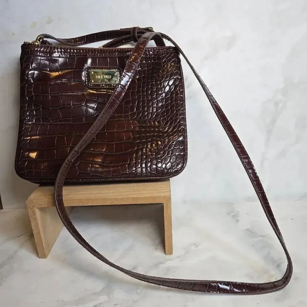 Nine West Kiss-Poptop Brown Crossbody Croc Alligator Bag